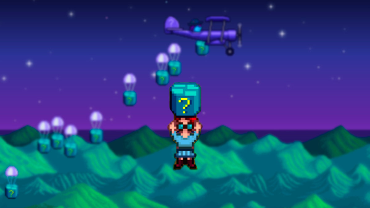 A character holding Mystery Box in Starlight Valley while an event happens.