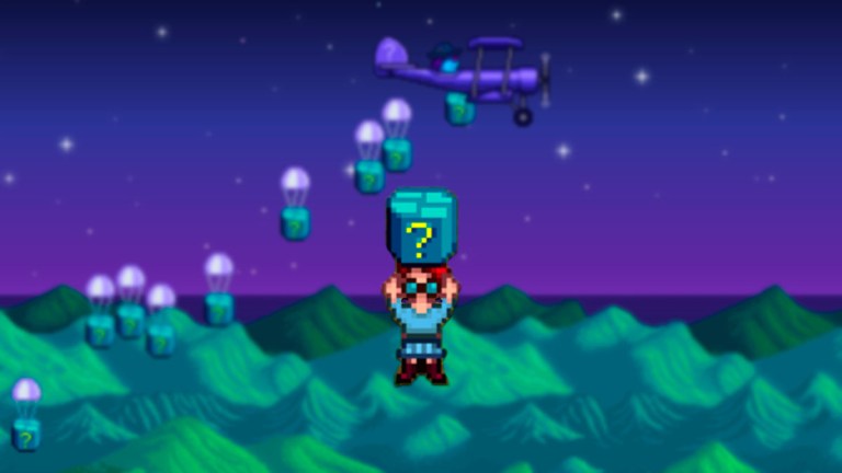 A character holding Mystery Box in Starlight Valley while an event happens.