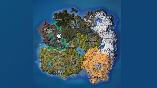 A picture of the Fortnite map with a pin marking the Grim Gate area.