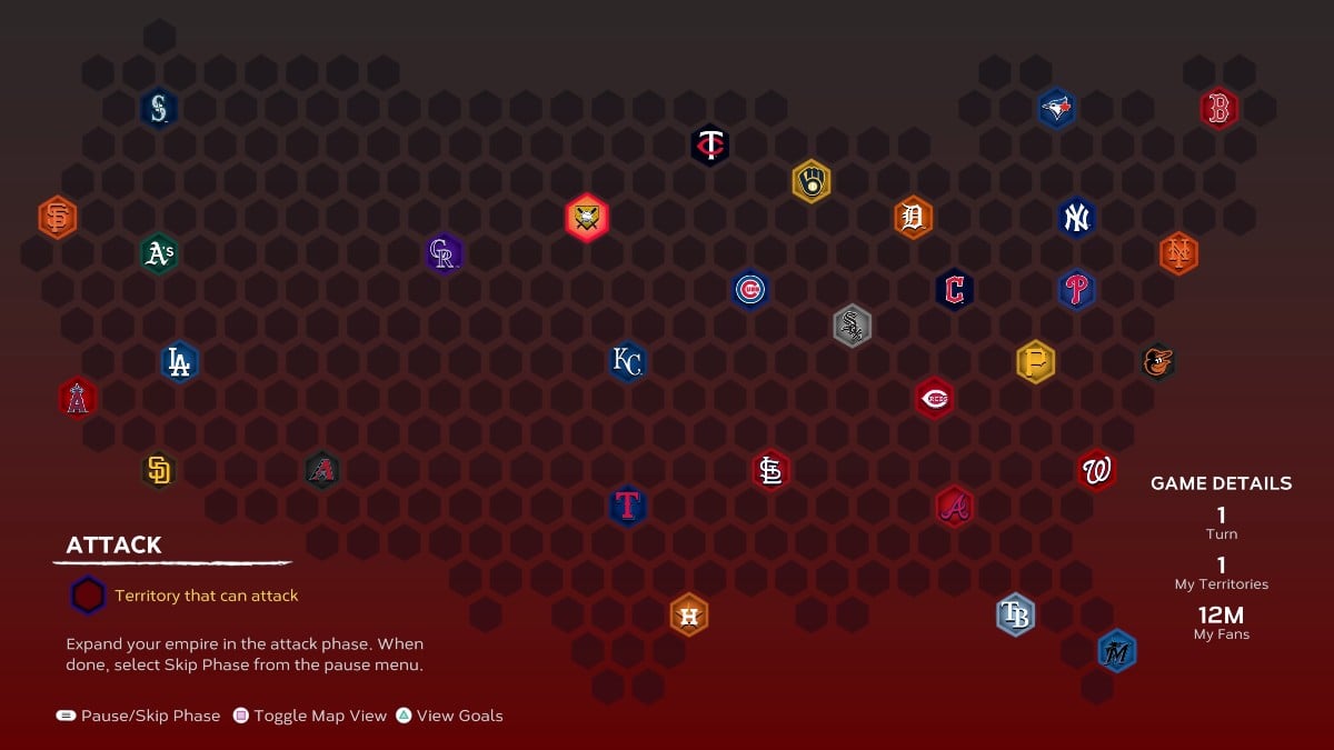 Nation of Baseball mode in MLB The Show, featuring a map of the United States with baseball team logos on it.