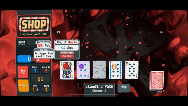 Screenshot from the Balatro mobile game showing a Standard Pack being opened with a variety of cards including a Red Seal King of Hearts.