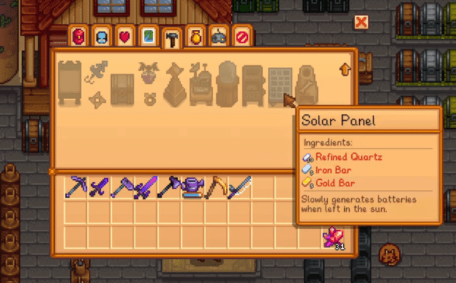 Image of a Solar Panel crafting recipe in Stardew Valley.
