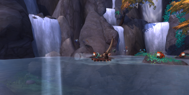 A WoW character riding the Cataloger's Raft in WoW Dragonflight through Thaldraszus