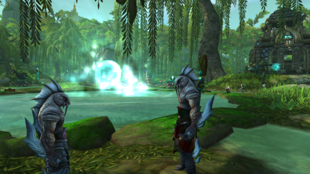 A pair of Pearlfin Jinyu in Pearlfin Village in World of Wacraft Mists of Pandaria