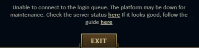 The Unable to Connect to Login Queue error in League of Legends.