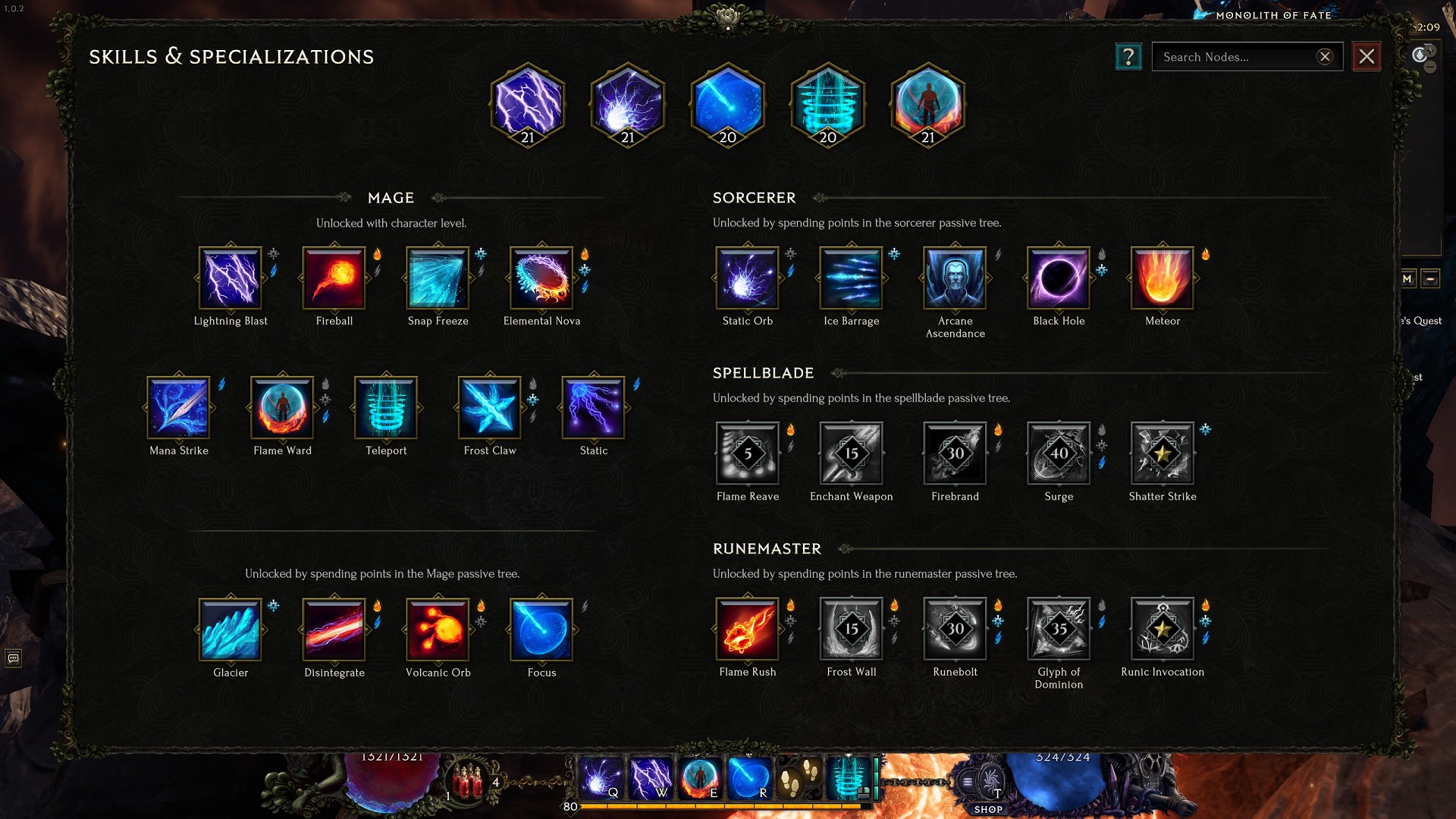An image of the Mage's skills in Last Epoch.