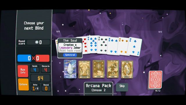 Screenshot from the Balatro mobile game with a variety of Tarot cards and a Spectral card coming out of an Arcana pack.