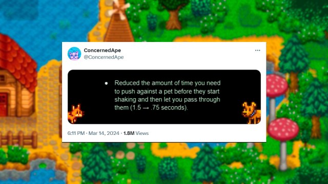 screenshot of ConcernedApe tweet for patch notes line about pets