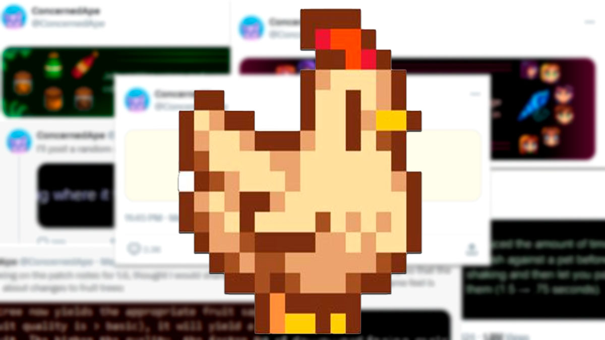 Stardew Valley chicken standing in front of all of ConcernedApe's tweets