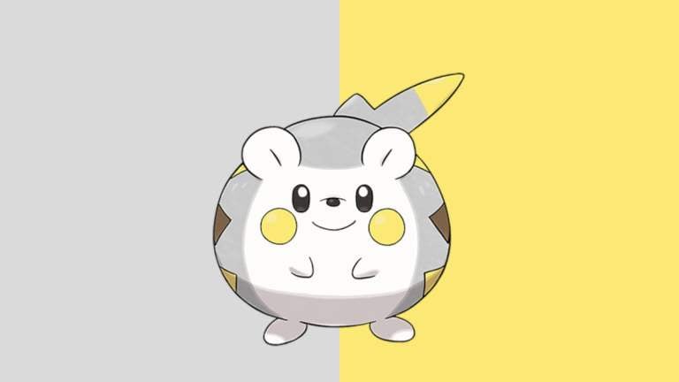 Togedemaru, a round mouse-like creature, in Pokémon Go on a silver and yellow background