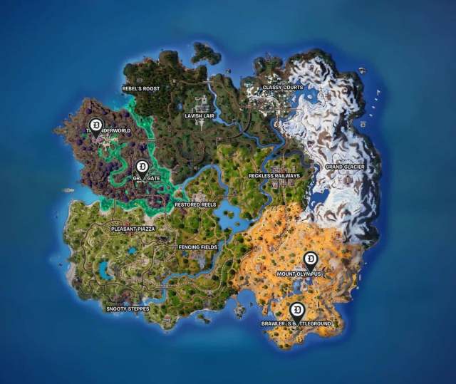 Locations of the Greek Gods Bosses in Fortnite Chapter 5, Season 2.