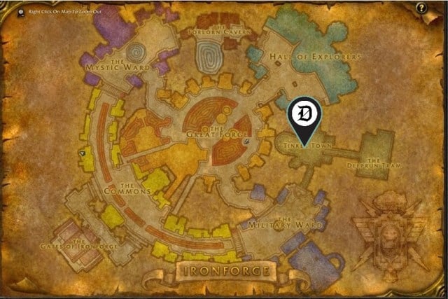 Map of Ironforge, showing the exact location of Master Mechanic Castpipe NPC.