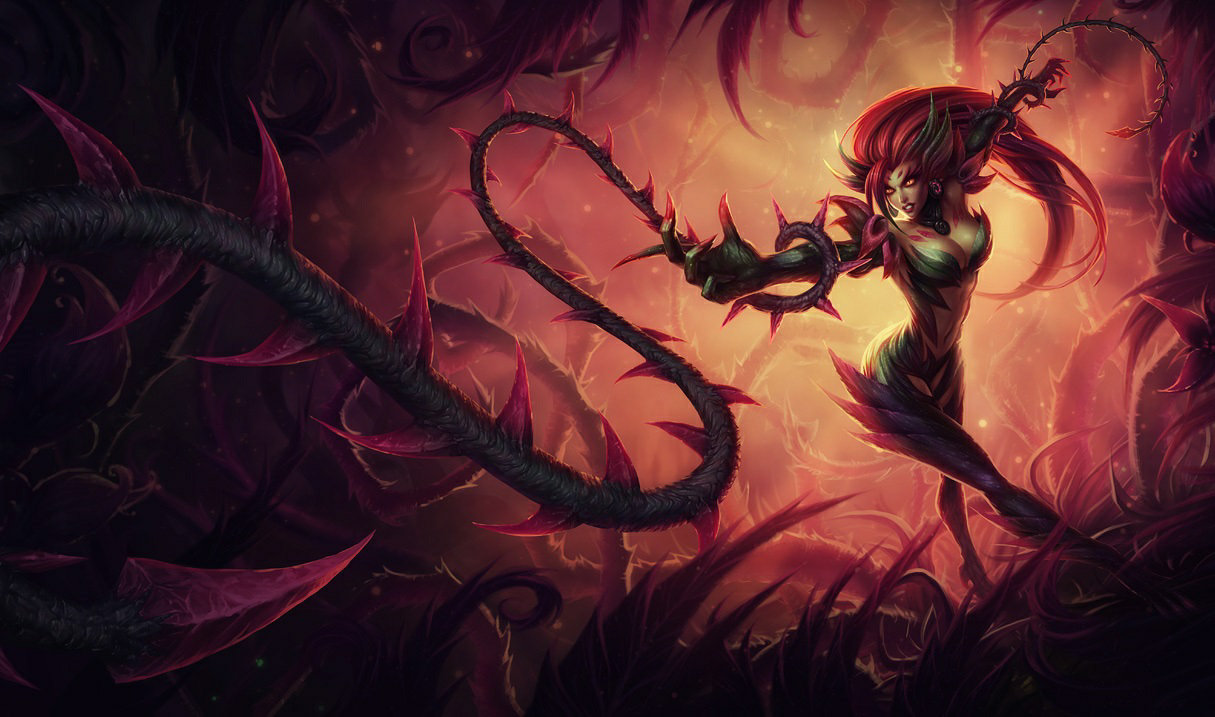 The splashart for Zyra in league of legends. Zyra is a woman with long red hair and a vine with thorns coming out of her hand.