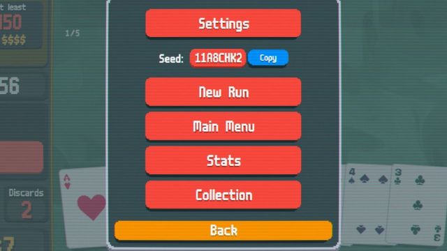 A screenshot of the pause menu in Balatro.
