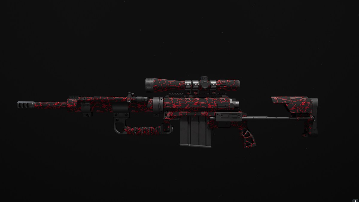 The FJX Imperium sniper rifle, with a red and black camo, against a black background.