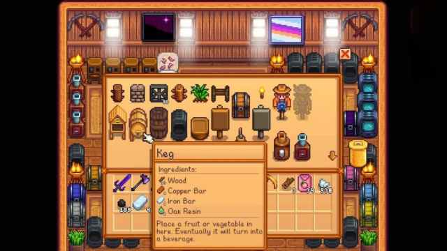 A Keg in the crafting menu in Stardew valley.