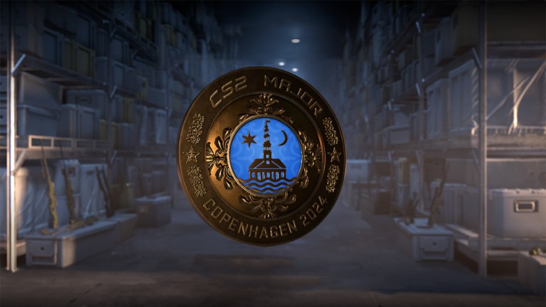 A screenshot of a coin on a warehouse background in CS2.