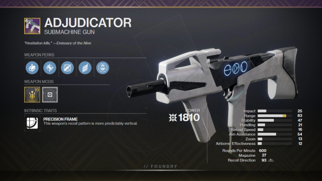 A graphic depicting Adjudicator with its perks and stats. It has Dynamic Sway Reduction and Fragile Focus equipped.