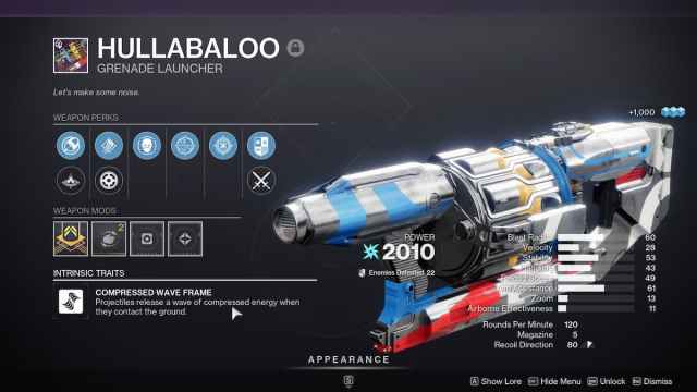Hullabaloo grenade launcher in Destiny 2