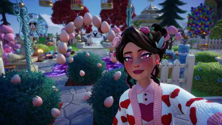 The player posing with some Easter Eggs in Disney Dreamlight Valley.