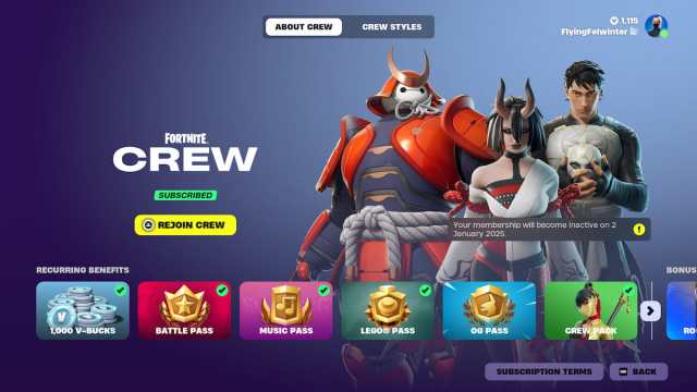 Fortnite Crew benefit screen