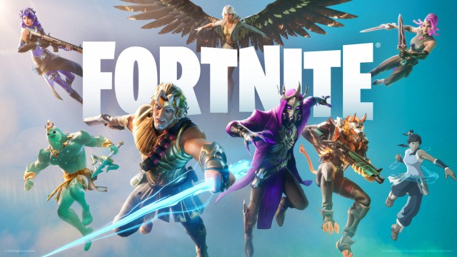 Fortnite artwork with battle pass skins including Zeus, Huntress, and Korra.