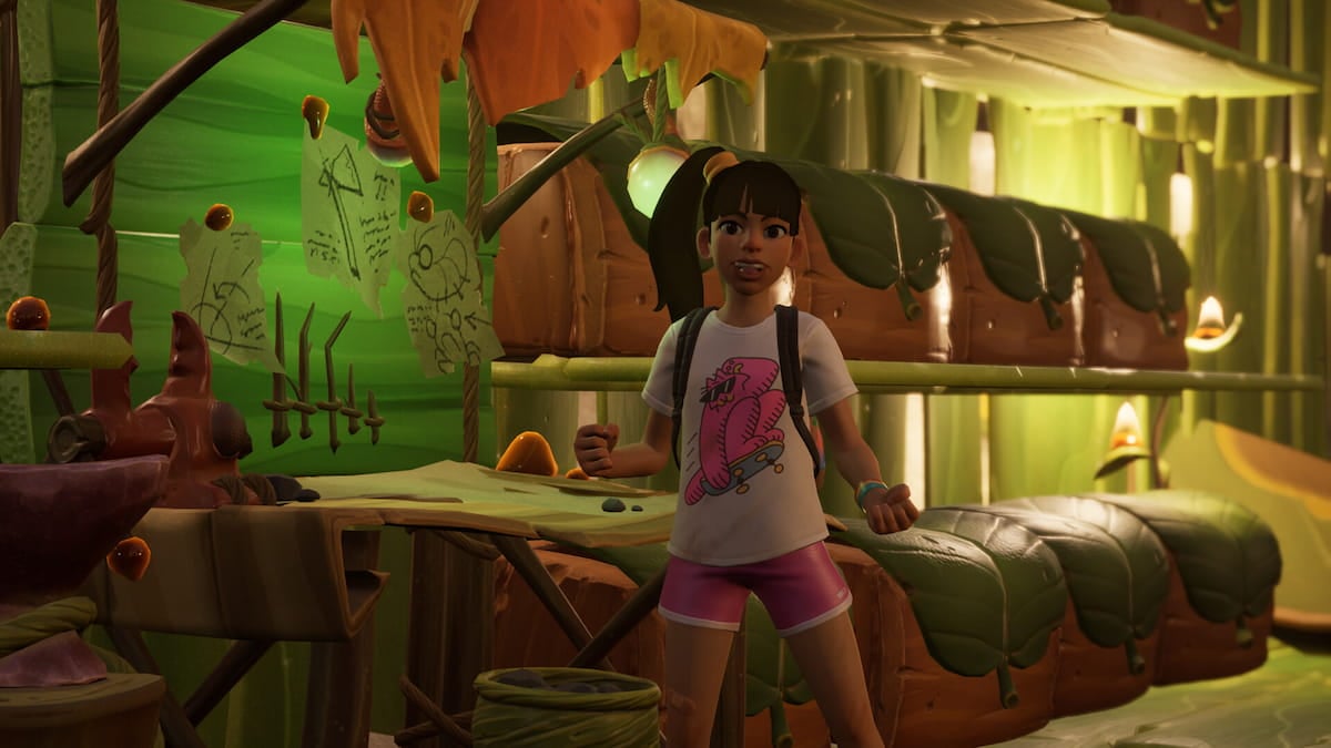 Ally in fornt of several chests on a shelf in Grounded.