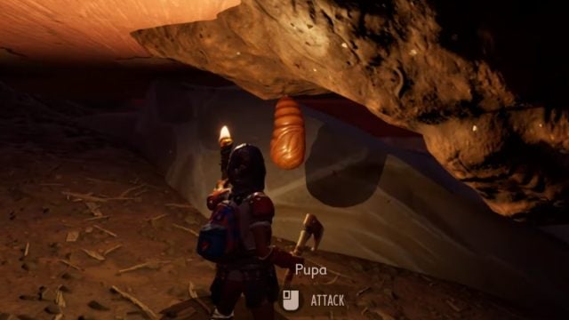 A Grounded player holding a torch and looking at a pupa in Grounded.