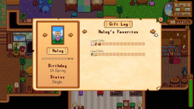Haley's page in Stardew Valley.