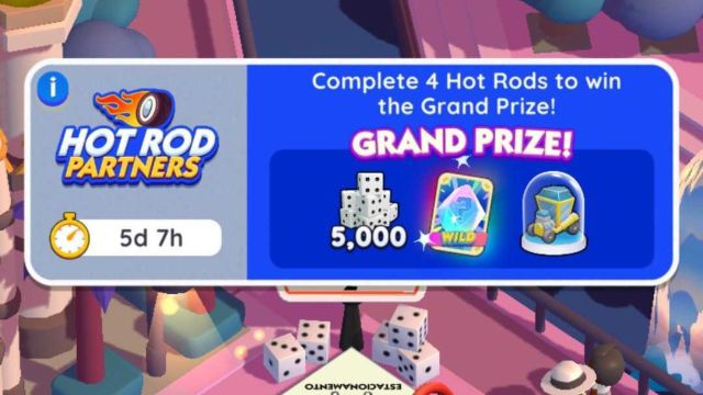 A screenshot of the grand prizes of Hot Rod partners in Monopoly GO.