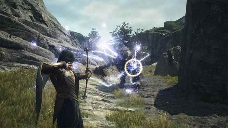 A Dragon's Dogma 2 character firing an arrow at an enemy.