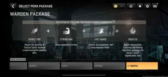 Warden perk package in Warzone Mobile