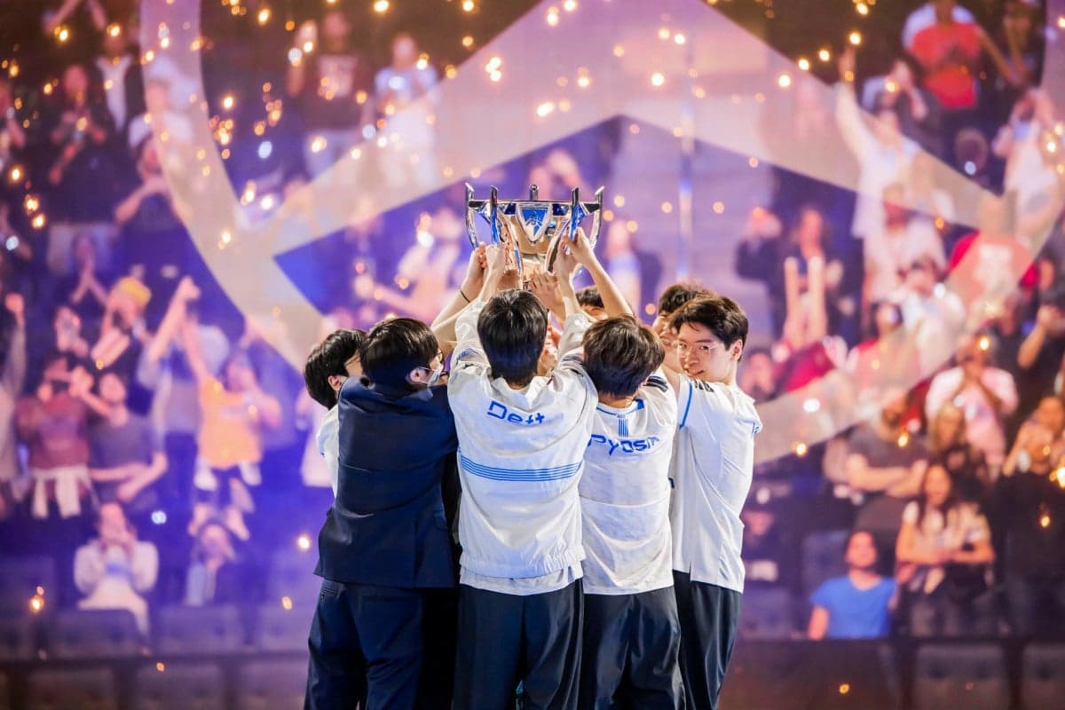 DRX hoisting the Summoner's Cup after winning the 2022 League of Legends World Championship