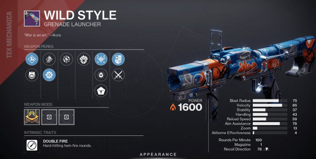 A screenshot of the Wild Style grenade launcher from Destiny 2.