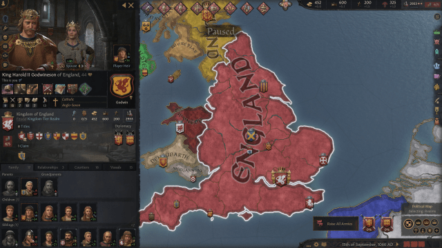 The King of England's family at the 1066 start in Crusader Kings 3.