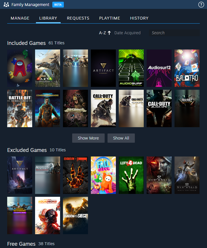 A screenshot of the Steam Families shared titles screen with games in blocks.