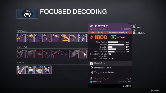 A screenshot of the Vanguard focusing page in Destiny 2.