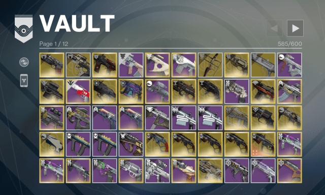 A Guardian's vault filled with loot, sitting at 585/600 capacity.