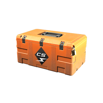 A square orange box buckled with locks with a black sticker on the front side saying CS in white stylized lettering denoting the Kilowatt case in Counter-Strike 2.