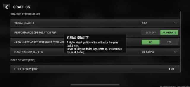Warzone Mobile graphics settings menu