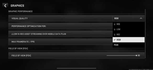 Warzone Mobile graphics settings menu