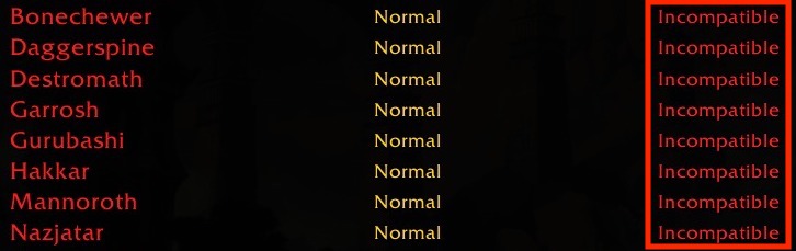 Servers are incompatible in WoW.