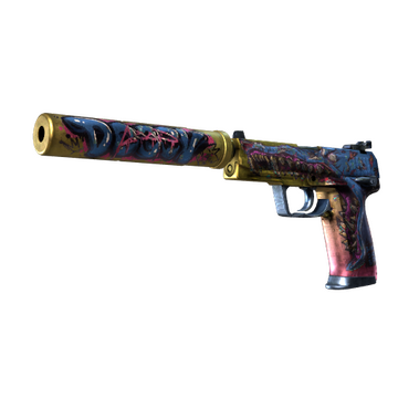 The USP-S silenced pistol from CS2 painted in various colors with a massive crocodile with open jaws drawn on its side. 