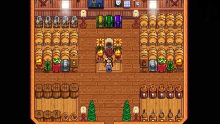 A room with a bunch of Kegs in Stardew Valley.