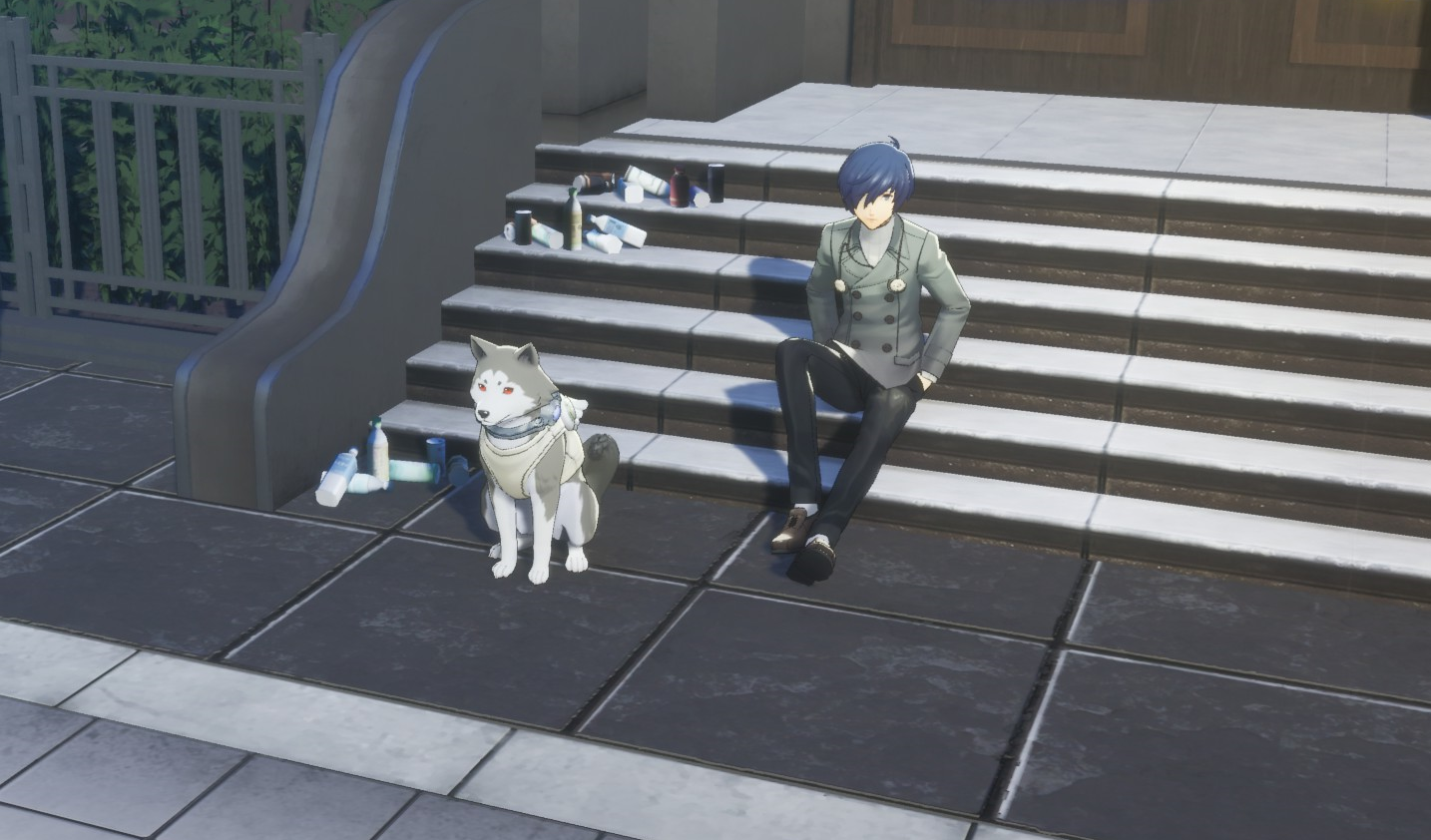 Koromaru and the Protagonist sit by the stairs to Iwatodai Dorm.
