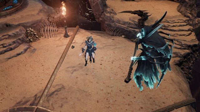 A screenshot of the Necromancer in a Monolith of Fate with a Wraithloard by her side.