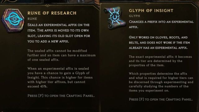 A screenshot of the Rune of Research description on the left and the Glyph of Insight description on the right.
