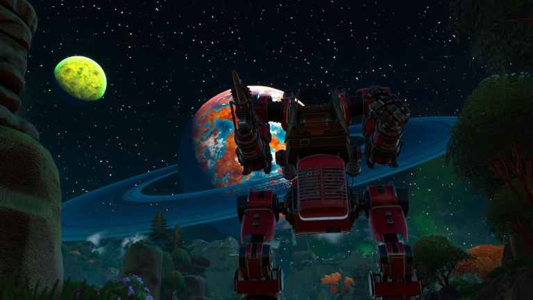 A Mech outside at night wielding a Spike Saw in Lightyear Frontier.