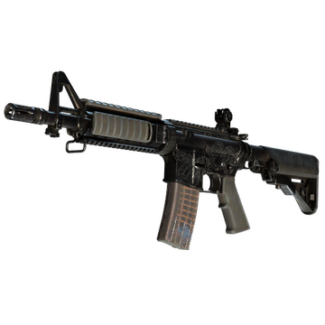 The M4A4 Etch Lord skin in CS2 giving the weapon a grey-black theme and several engravings on the side. 