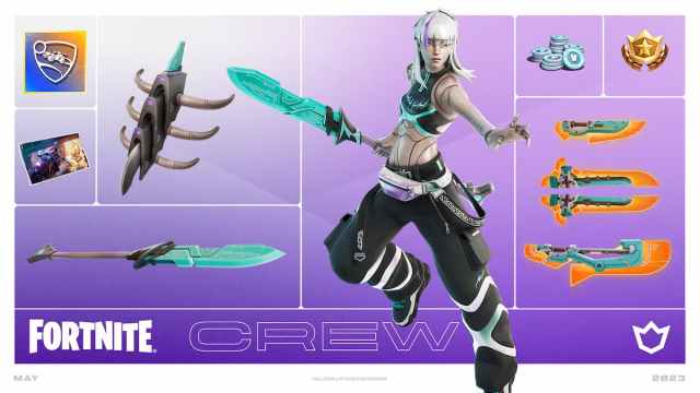 May Crew pack contents featuring a skin, lobby screen, vbucks, and a battle pass